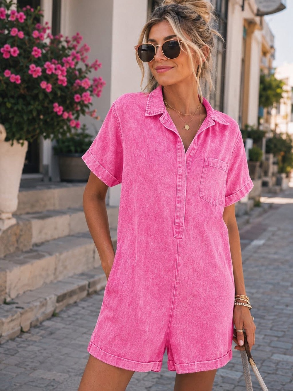 Zenana Outfitters mineral wash Pink Short Sleeve Romper Cover-Up
